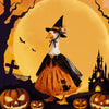 A Halloween goose costume featuring a black witch hat, orange body, and a cat motif against a yellow moon background with pum