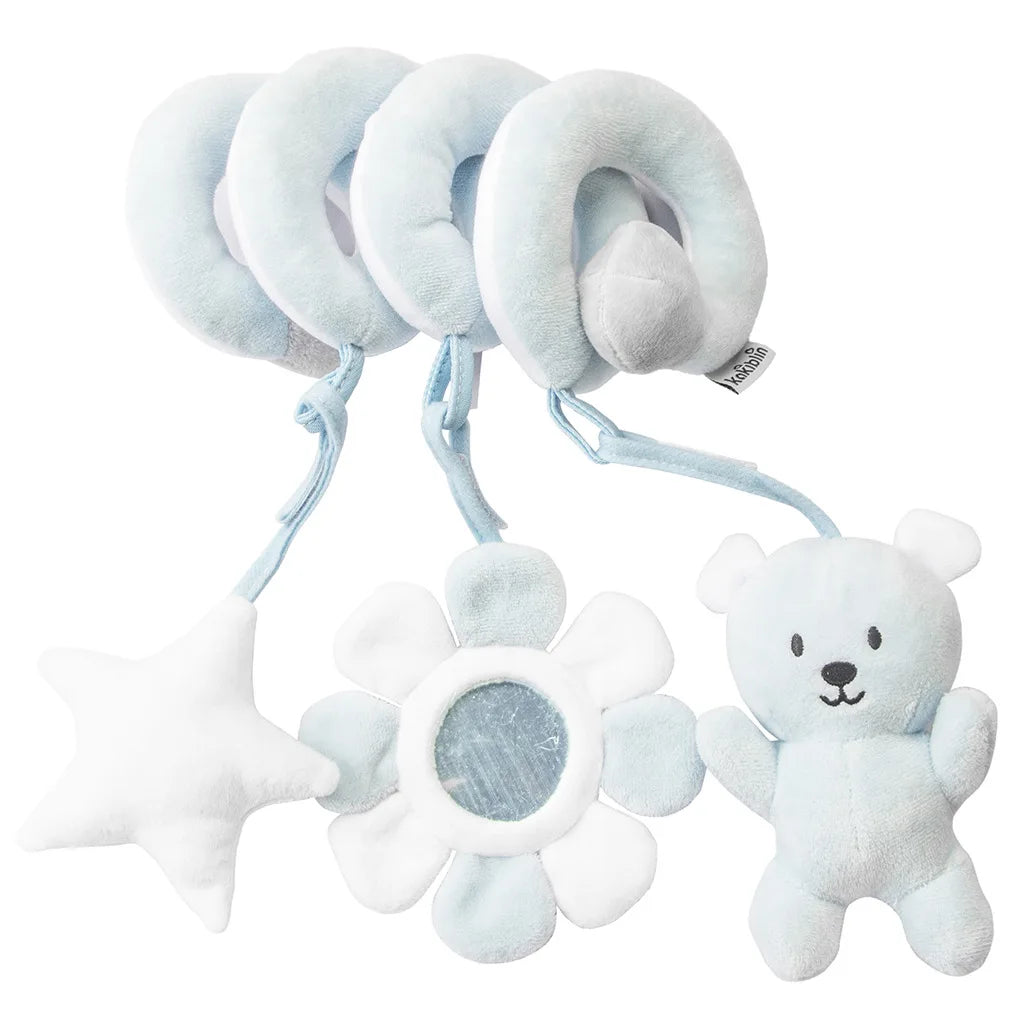 A set of light blue spiral sensory rattle toys featuring a star and a flower shape.