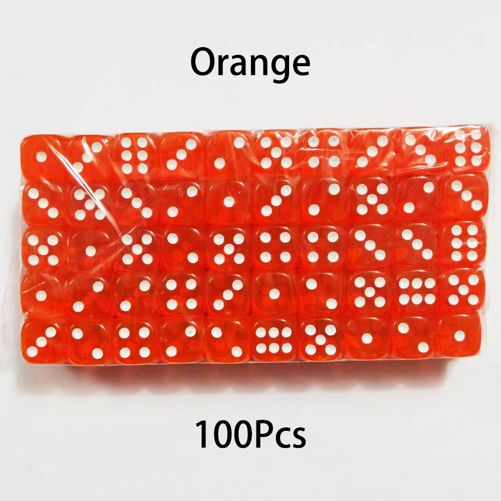A rectangular pack of 100 orange acrylic six-sided dice with white dots, arranged in a grid.