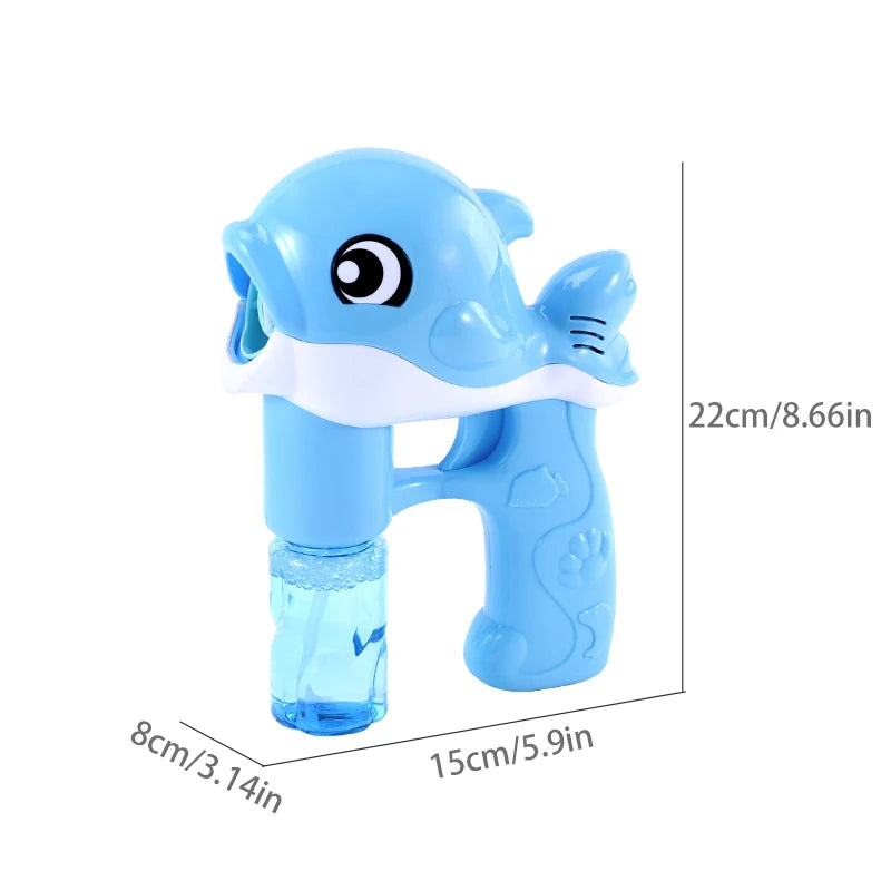 A blue whale bubble gun toy with a clear bottle and a white head, shown against a white background.