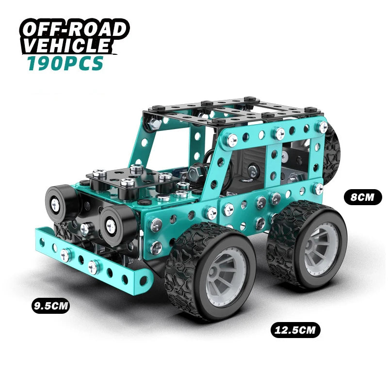 A teal off-road vehicle model made of metal building blocks with large tires and chassis components.