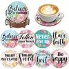 A set of DIY diamond art coasters featuring various floral and inspirational designs.