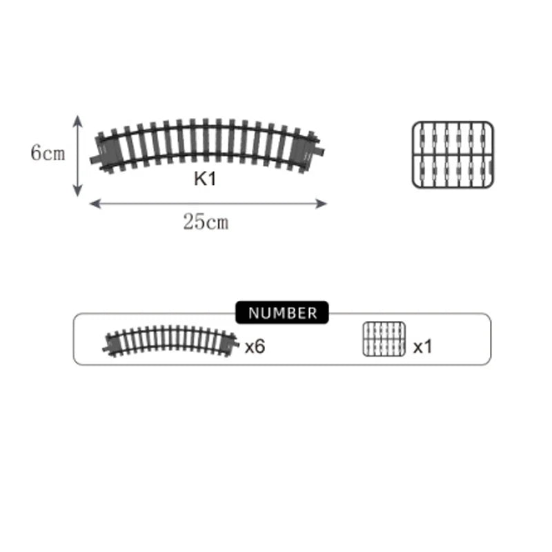 A diagram showing a component labeled K1, measuring 6cm by 25cm, and an example of six K1 components and one square component