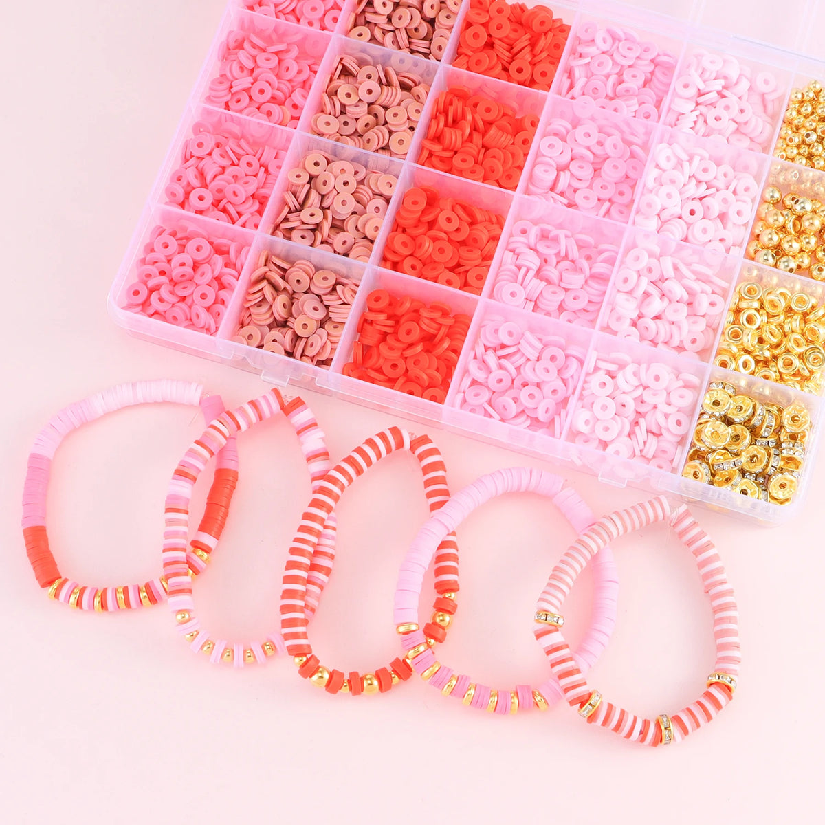 A plastic box filled with various colored clay and alphabet beads for DIY jewelry making crafts