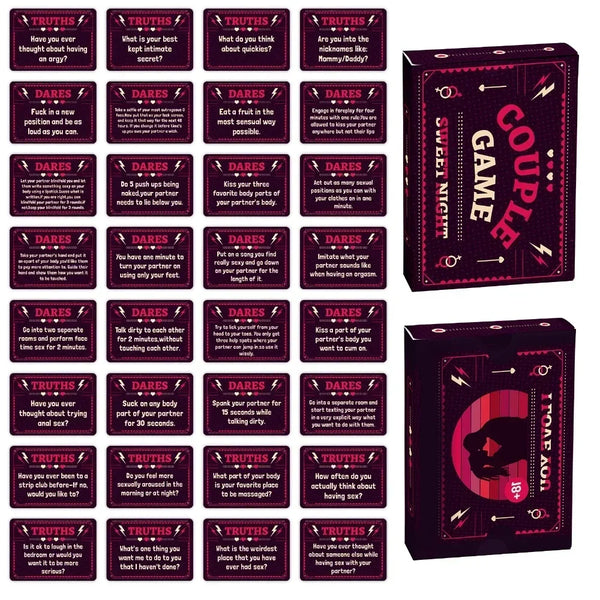 A set of truth or dare cards featuring dark and playful illustrations for a couple's game