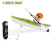 A green RC boat with an orange helmet is shown, ready for water fun and racing.
