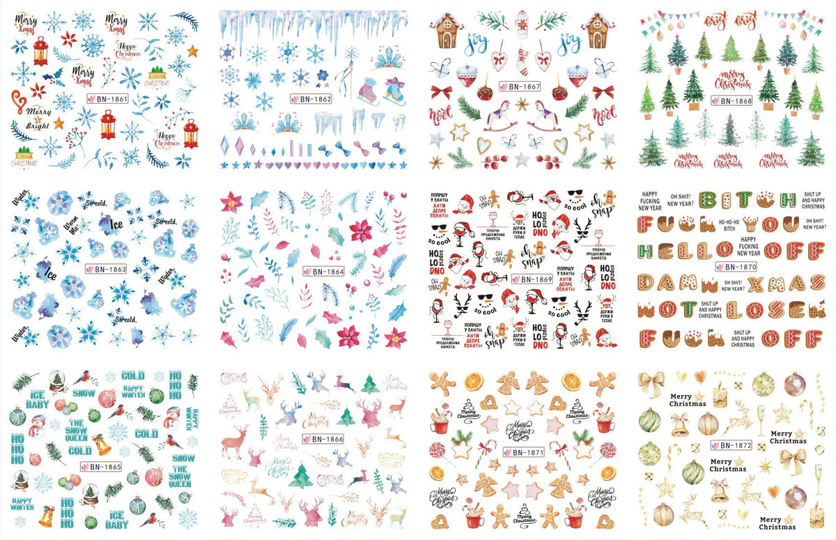 A collection of festive Christmas and holiday themed nail art stickers featuring trees, ornaments, snow, and seasonal designs