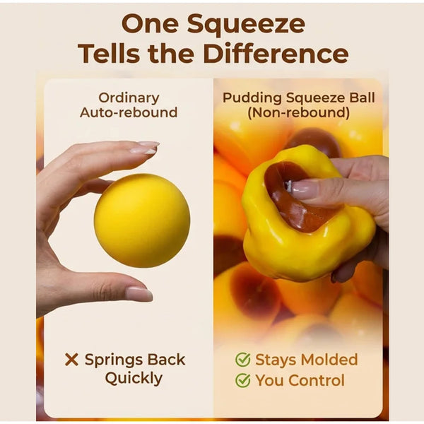 A hand demonstrates the difference between an ordinary auto-rebound squeeze ball and a non-rebound pudding squeeze ball.