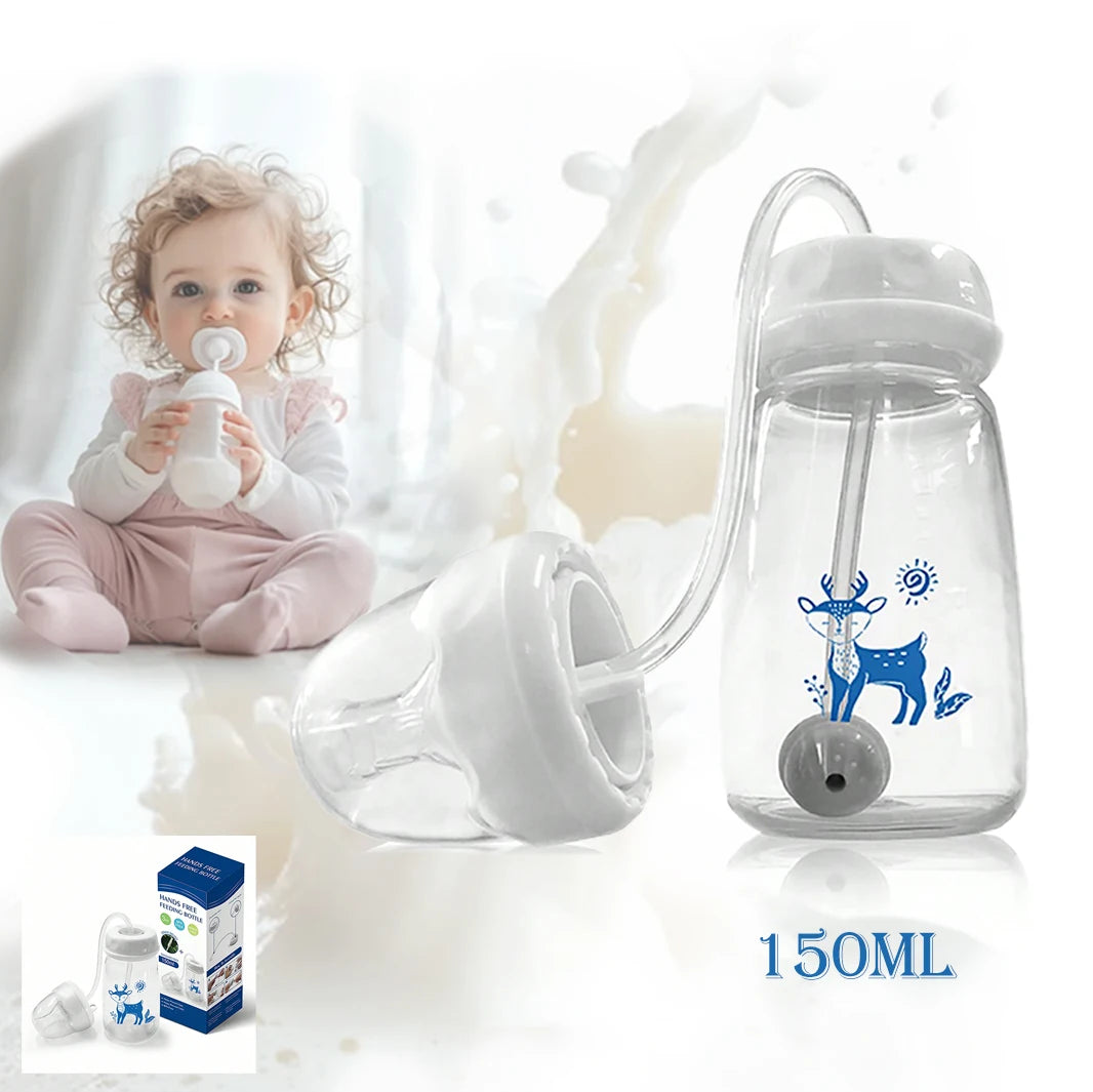 Klare Silikonflasche zum Selbstfüttern mit Reinigungsbürste und Baby.
