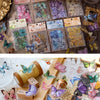 A collection of colorful butterfly stickers in various shades and sizes displayed on a wooden surface.