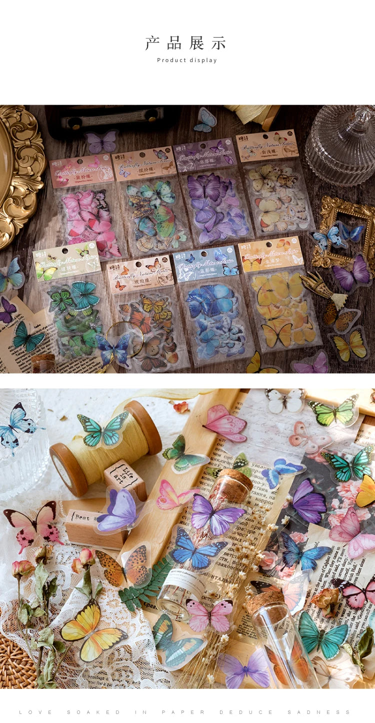 A collection of colorful butterfly stickers in various shades and sizes displayed on a wooden surface.