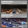 A display garage featuring various miniature model cars in a transparent setting.