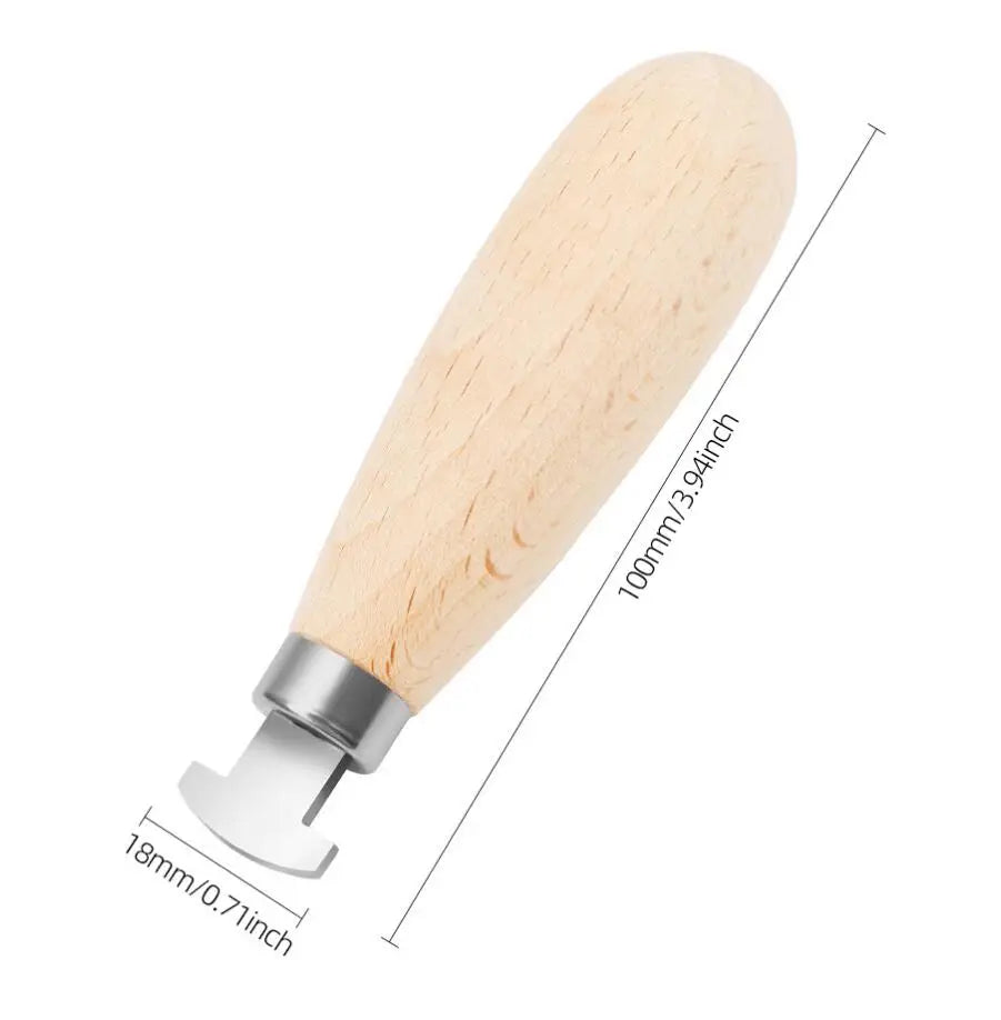 A silver bezel setting pusher tool with a light wooden handle shown from the side.