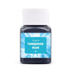 A dark blue textile fabric dye kit labeled Turquoise Blue in a glass bottle with a white cap.