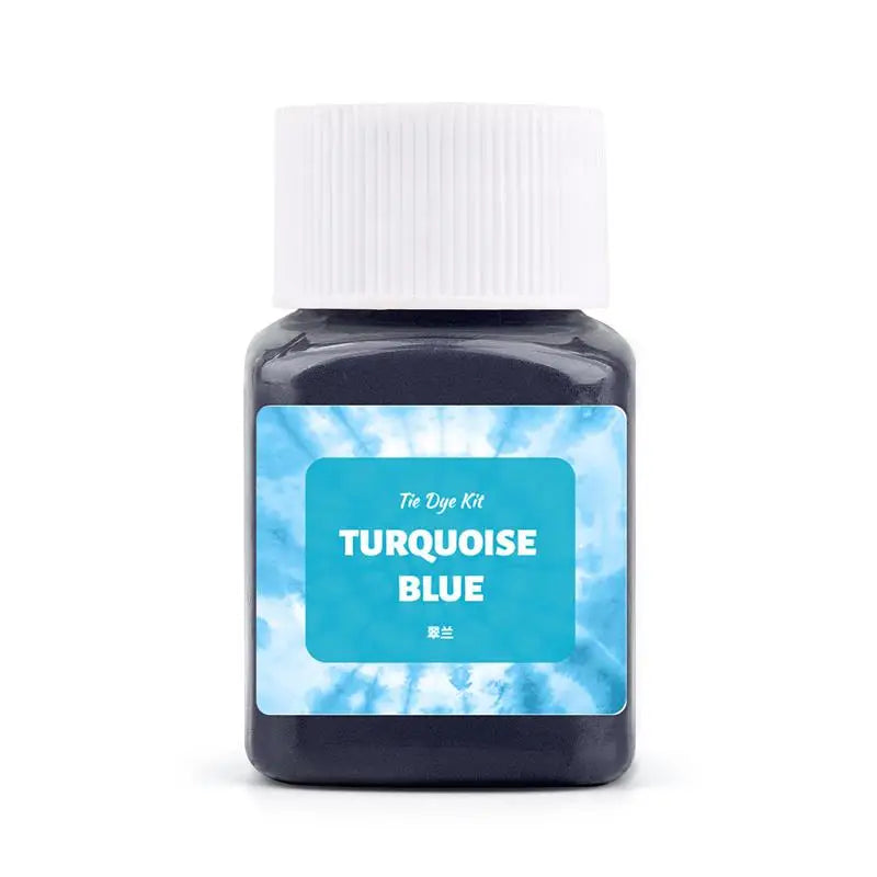 A dark blue textile fabric dye kit labeled Turquoise Blue in a glass bottle with a white cap.