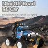 A blue Mini Off-Road RC Car is shown driving over rocks in a desert landscape.