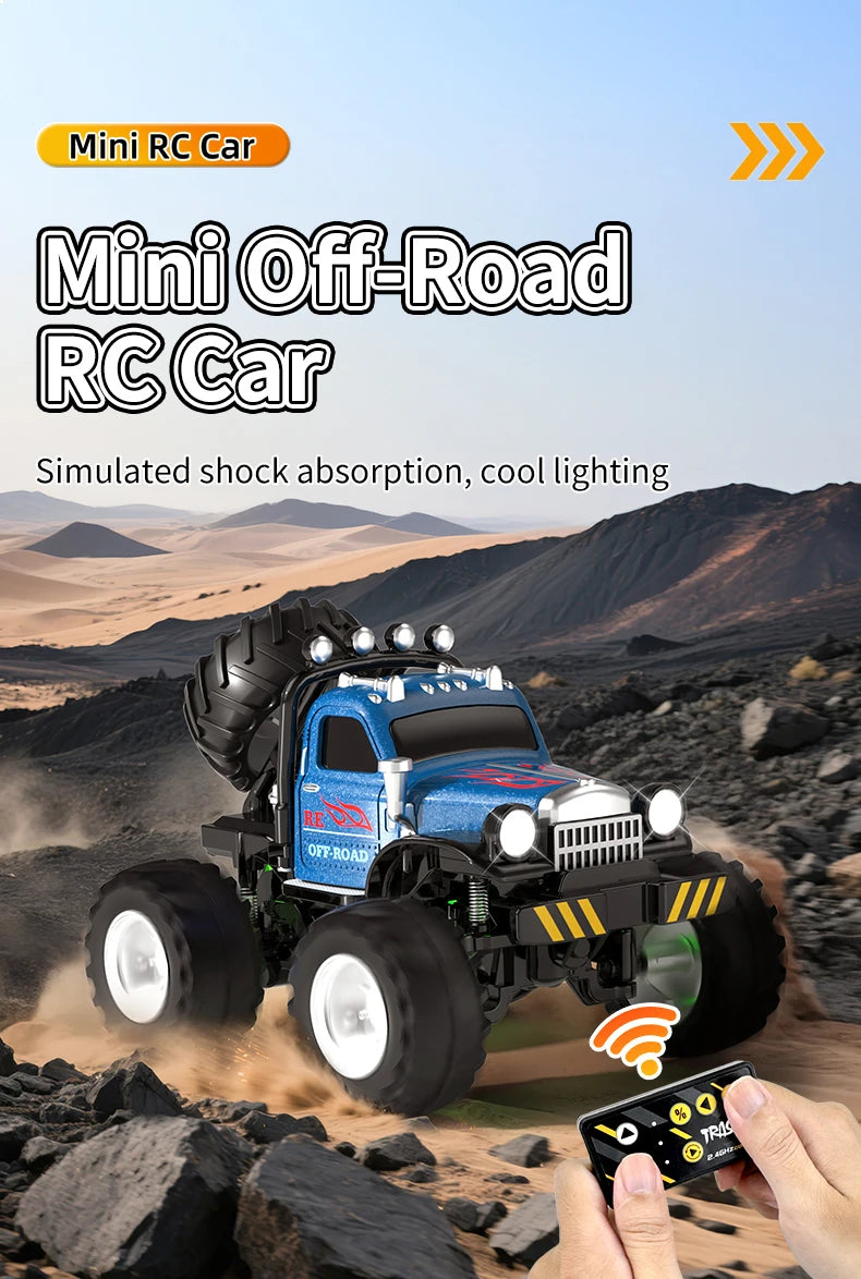 A blue Mini Off-Road RC Car is shown driving over rocks in a desert landscape.
