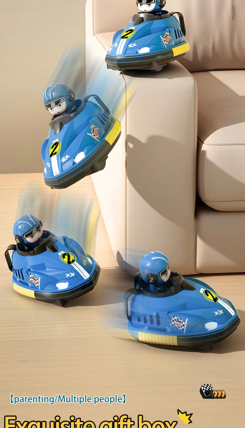 A blue remote control battle car toy for kids is shown in various poses on a light-colored sofa and wooden floor.