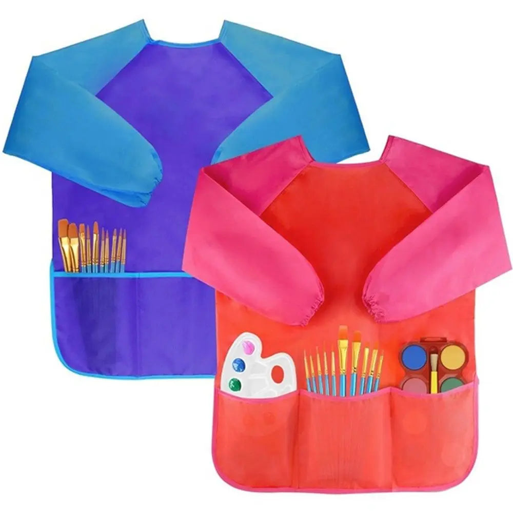 A colorful waterproof kids art and baking apron with long sleeves in shades of blue, purple, and orange.