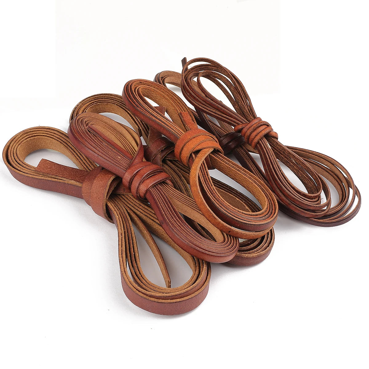 A bundle of vintage faux leather cords in a reddish-brown color used for DIY jewelry making.