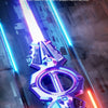 Épée avec effet lumineux RGB futuriste et faisceaux de lumière flottants.