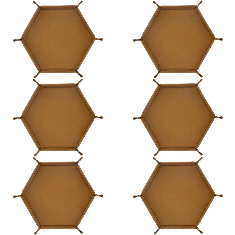 A set of foldable PU leather hexagonal dice trays for tabletop games and desk organization.