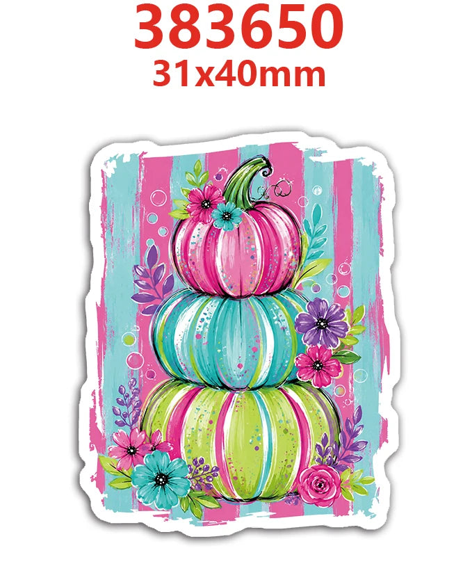 A colorful stack of three decorative pumpkins in pink, teal, and lime green stripes with floral accents.