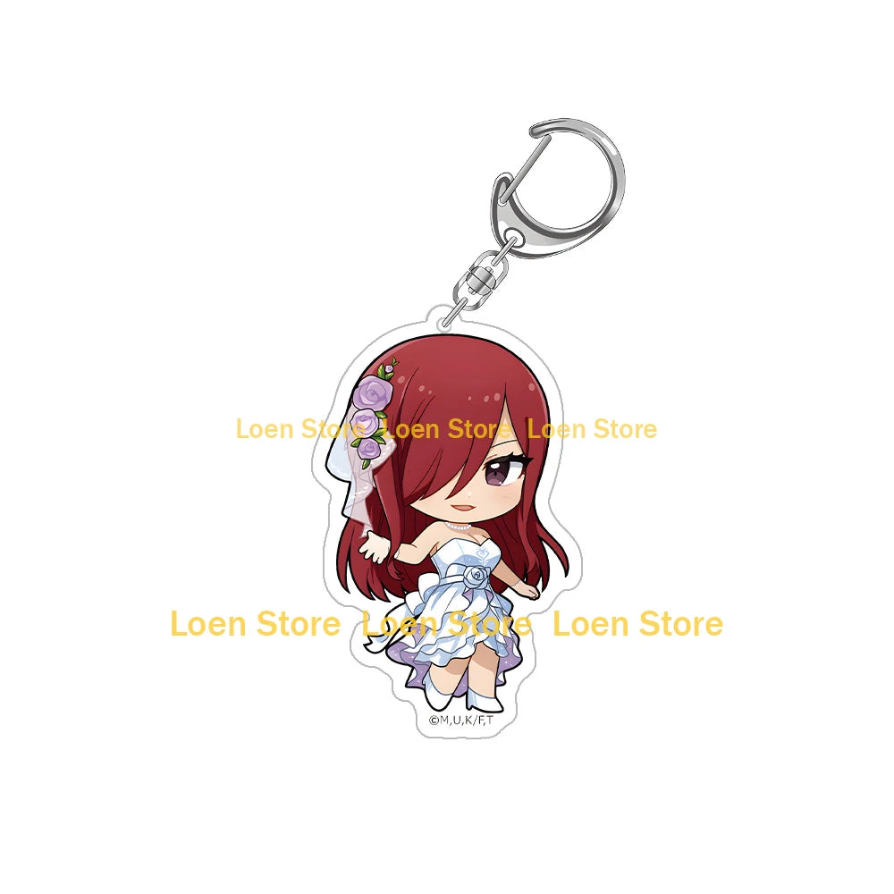Chibi acrylic keychain featuring a female character with long red hair and a purple flower accessory.