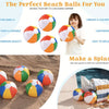 A set of colorful inflatable beach balls for summer fun shown on sand and near water.