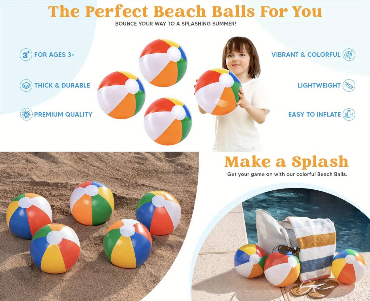 A set of colorful inflatable beach balls for summer fun shown on sand and near water.