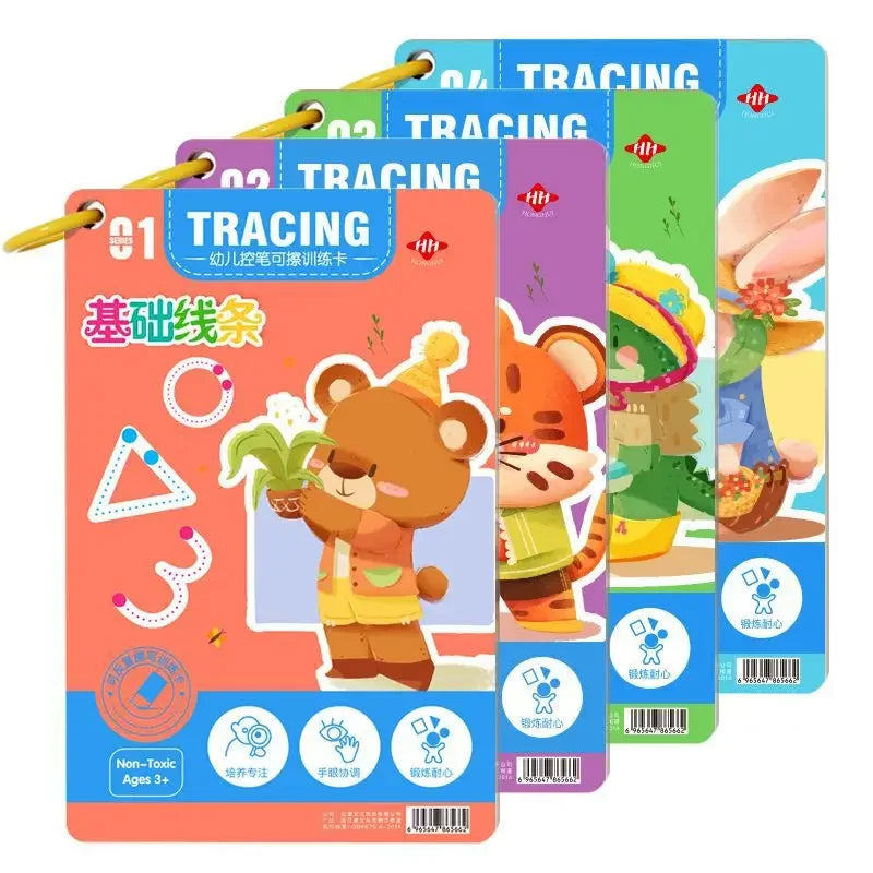 A set of reusable tracing workbooks for kids showing various tracing activities and pen control exercises.