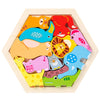 A wooden 3D jigsaw puzzle featuring colorful animal shapes for children's early learning.