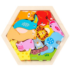 A wooden 3D jigsaw puzzle featuring colorful animal shapes for children's early learning.