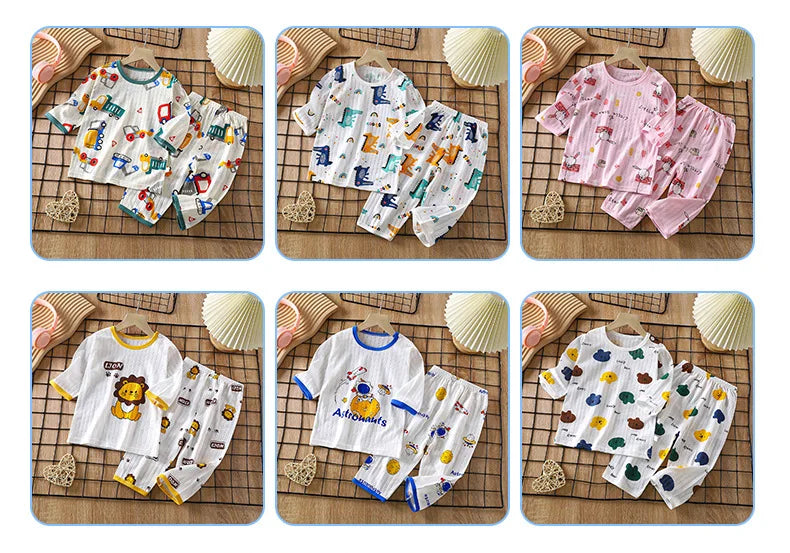 A collection of colorful cotton pajama sets for boys and girls featuring various patterns and designs.