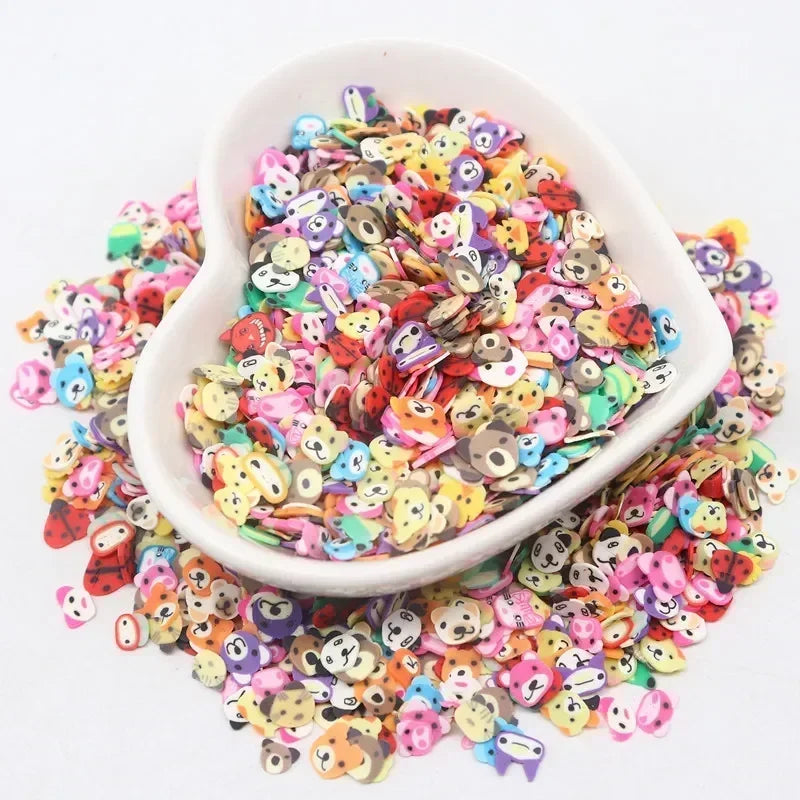 A white dish filled with colorful polymer clay sprinkles for slime and craft decor