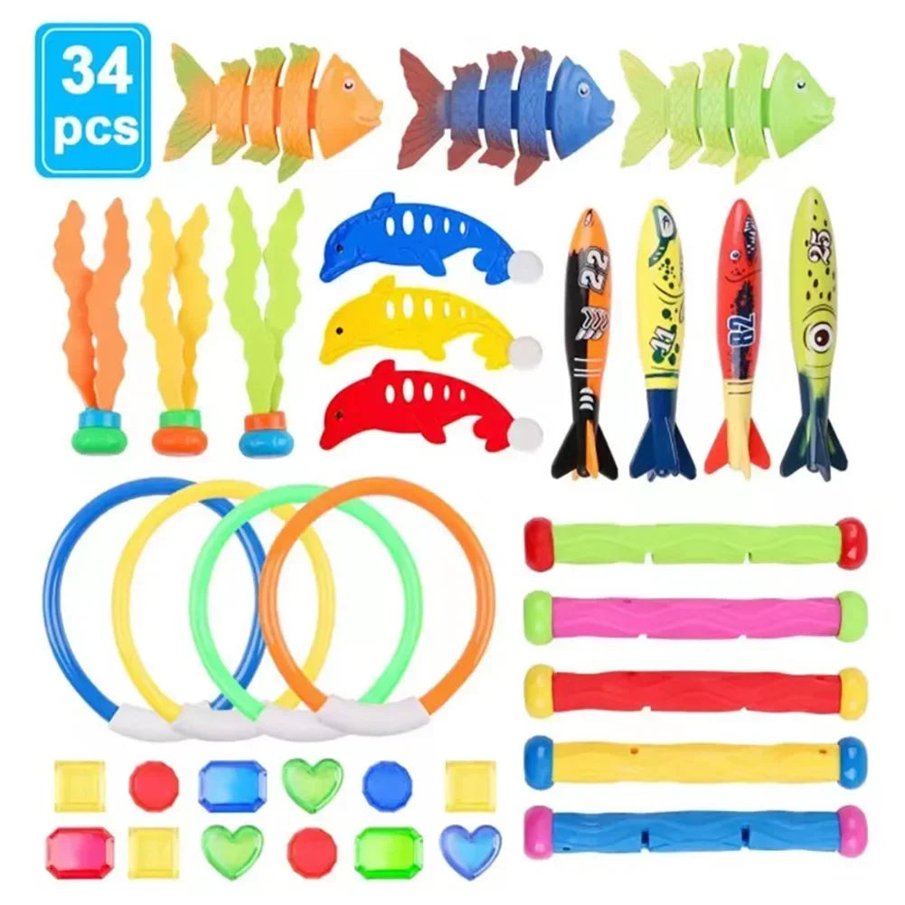 A collection of colorful diving toys including fish, sea creatures, and rings for swimming pool games