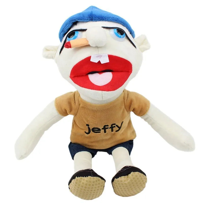 A plush toy of the character Jeffy featuring blue hair and a red shirt.