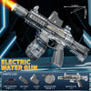 A clear plastic electric water gun is shown in a dynamic pose with various parts listed below it.