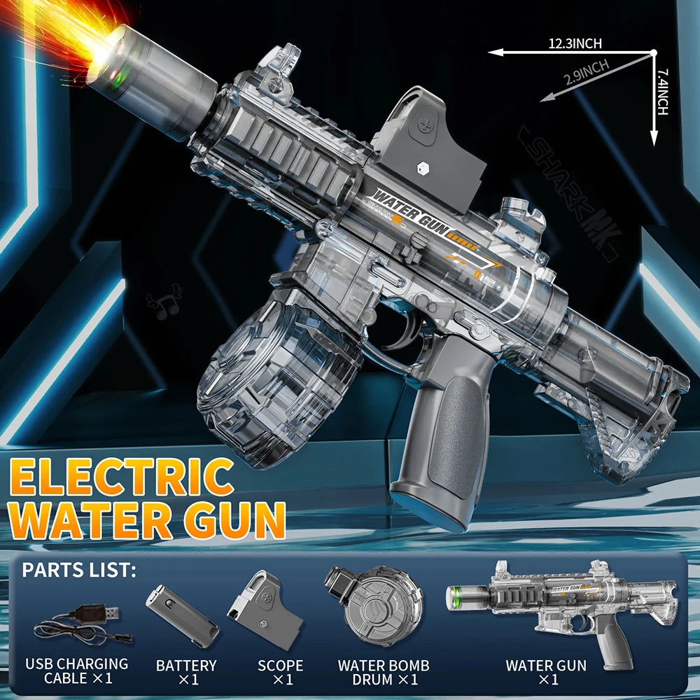 A clear plastic electric water gun is shown in a dynamic pose with various parts listed below it.