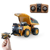 A yellow mini remote controlled construction vehicle set featuring a bulldozer, forklift, and excavator.