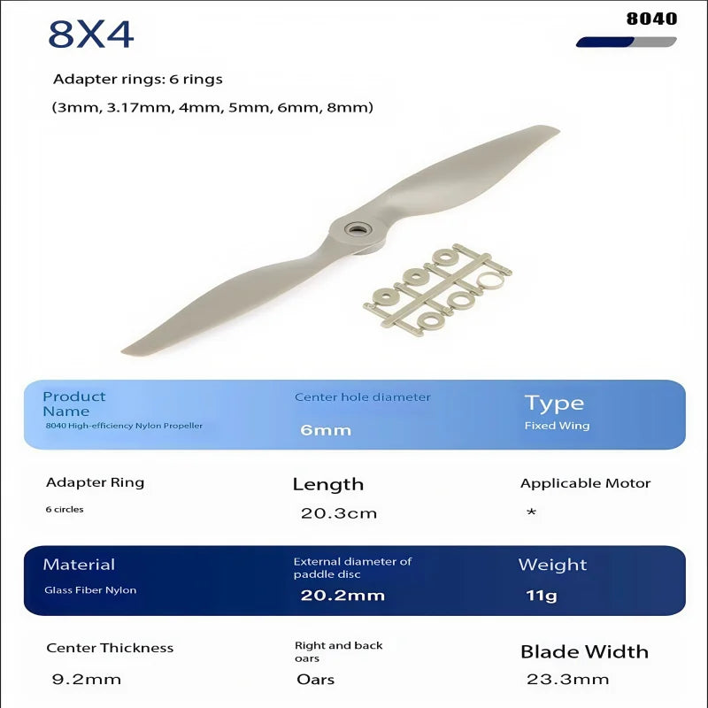 Silberner Nylon-Propeller-Adapterring für einen 8x4 Motor, mit Dimensionen und Komponenten.
