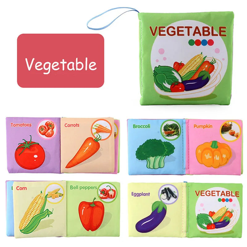 A set of soft fabric baby books featuring various vegetables like tomatoes, carrots, broccoli, pumpkin, corn, bell peppers, a