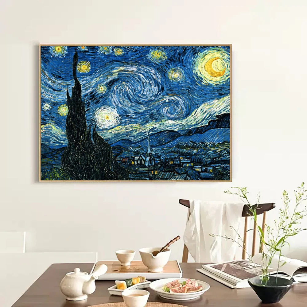 A framed painting of Van Gogh's Starry Night featuring swirling blue and yellow stars against a dark night sky.