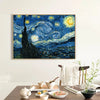 A framed painting of Van Gogh's Starry Night featuring swirling blue and yellow stars against a dark night sky