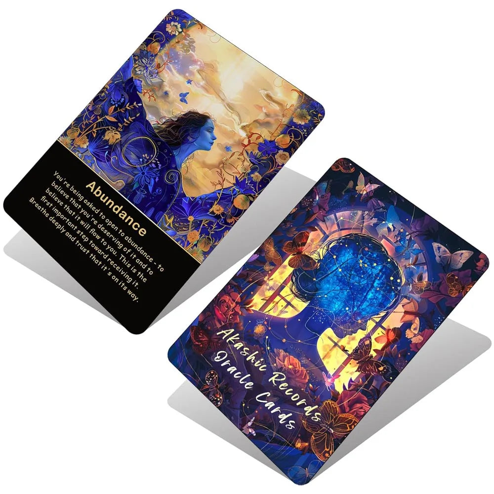 A square deck of Akashic Oracle Cards featuring an abstract celestial design with gold and blue tones.