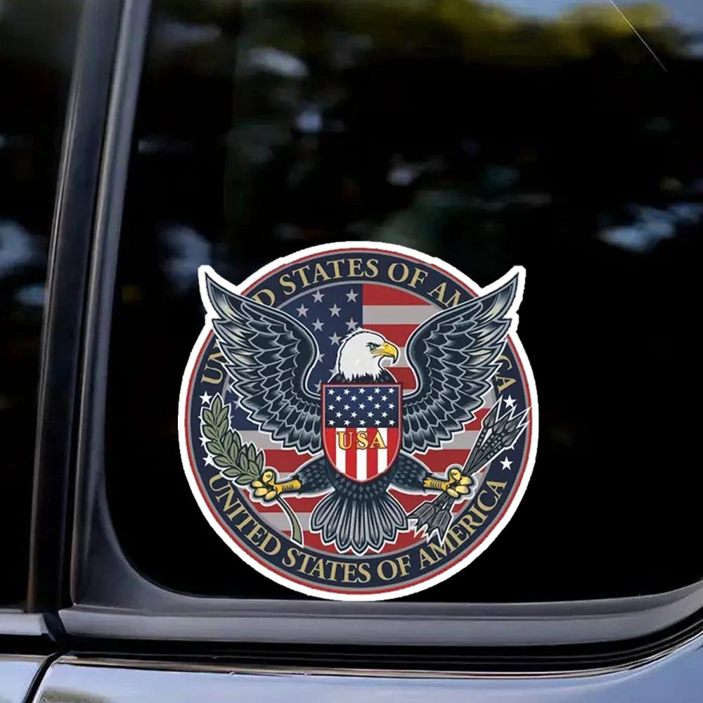 Patriotic American Eagle vinyl decal featuring an eagle on a shield design for car windows and laptops