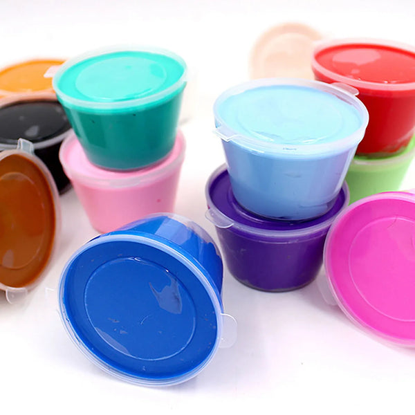 A collection of colorful plastic containers and lids for a DIY solid butter slime kit.