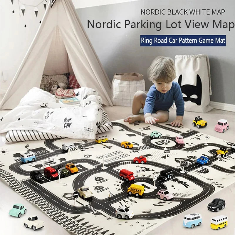 A kids city road map play mat featuring a ring road car pattern game mat with various toy cars.