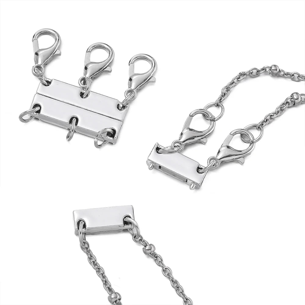 Silver magnetic layering clasps for necklaces and bracelets shown in various configurations