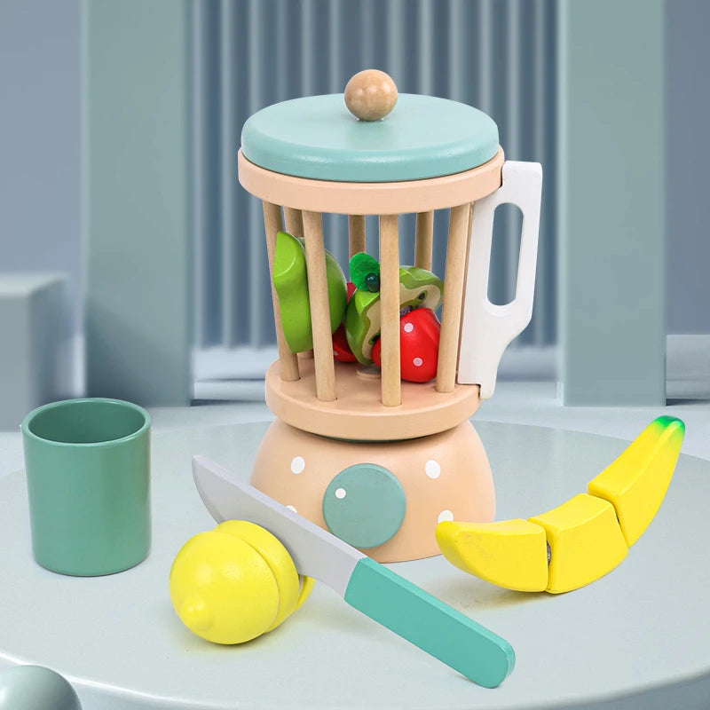 A wooden pretend play tea party set featuring a teapot, cups, and fruit, designed for children.